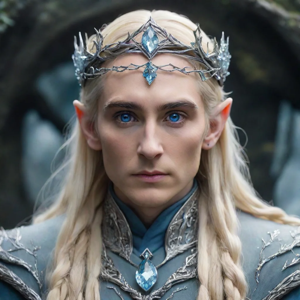 tolkien king thranduil with blond hair and braids wearing silver vines intertwined to form a silver elvish circlet encrusted with diamonds with large light blue diamond in the center