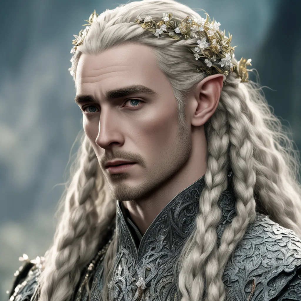 tolkien king thranduil with blond hair and braids wearing small flowers of silver heavily encrusted with diamonds in hair amazing awesome portrait 2