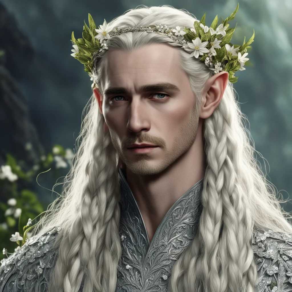 tolkien king thranduil with blond hair and braids wearing small flowers of silver heavily encrusted with diamonds in hair confident engaging wow artstation art 3