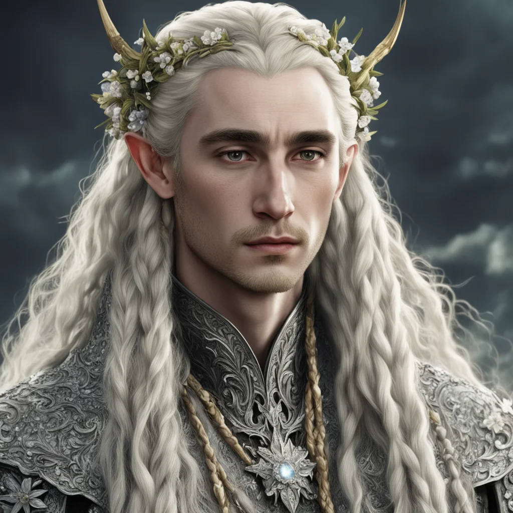 tolkien king thranduil with blond hair and braids wearing small flowers of silver heavily encrusted with diamonds in hair