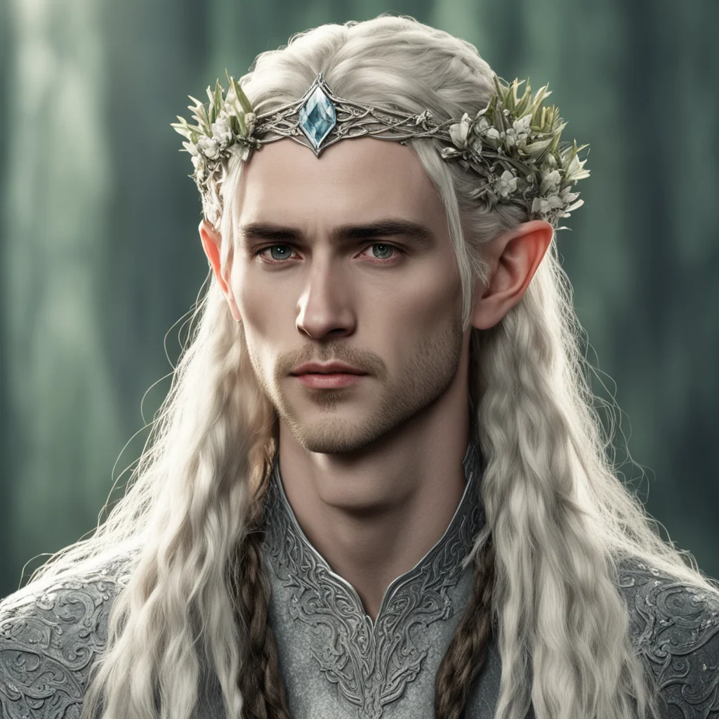 tolkien king thranduil with blond hair and braids wearing small silver flowers elvish circlet with large center diamond confident engaging wow artstation art 3