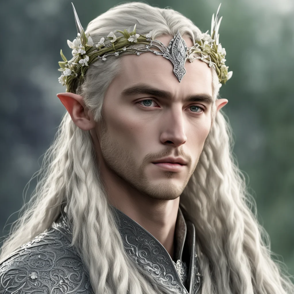 tolkien king thranduil with blond hair and braids wearing small silver flowers elvish circlet with large center diamond good looking trending fantastic 1