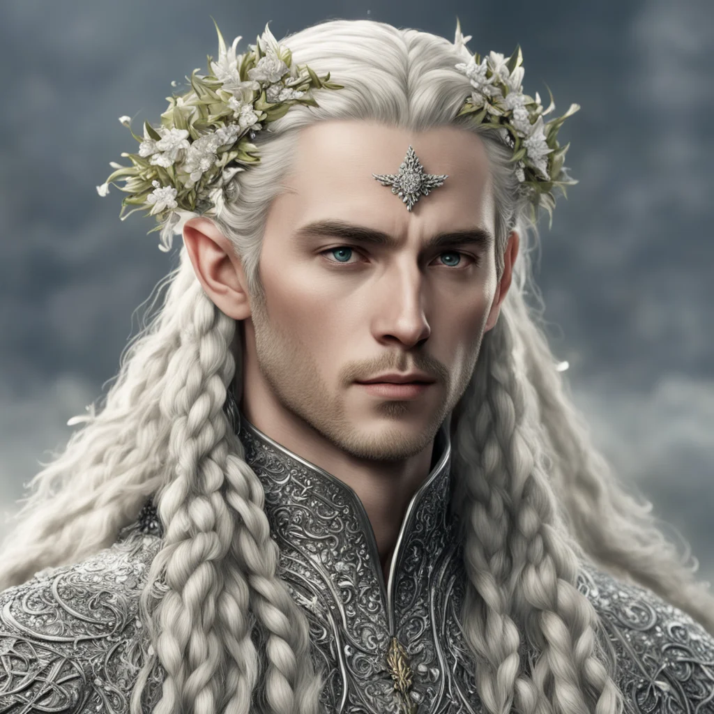tolkien king thranduil with blond hair and braids wearing small silver flowers in hair encrusted with many diamonds amazing awesome portrait 2