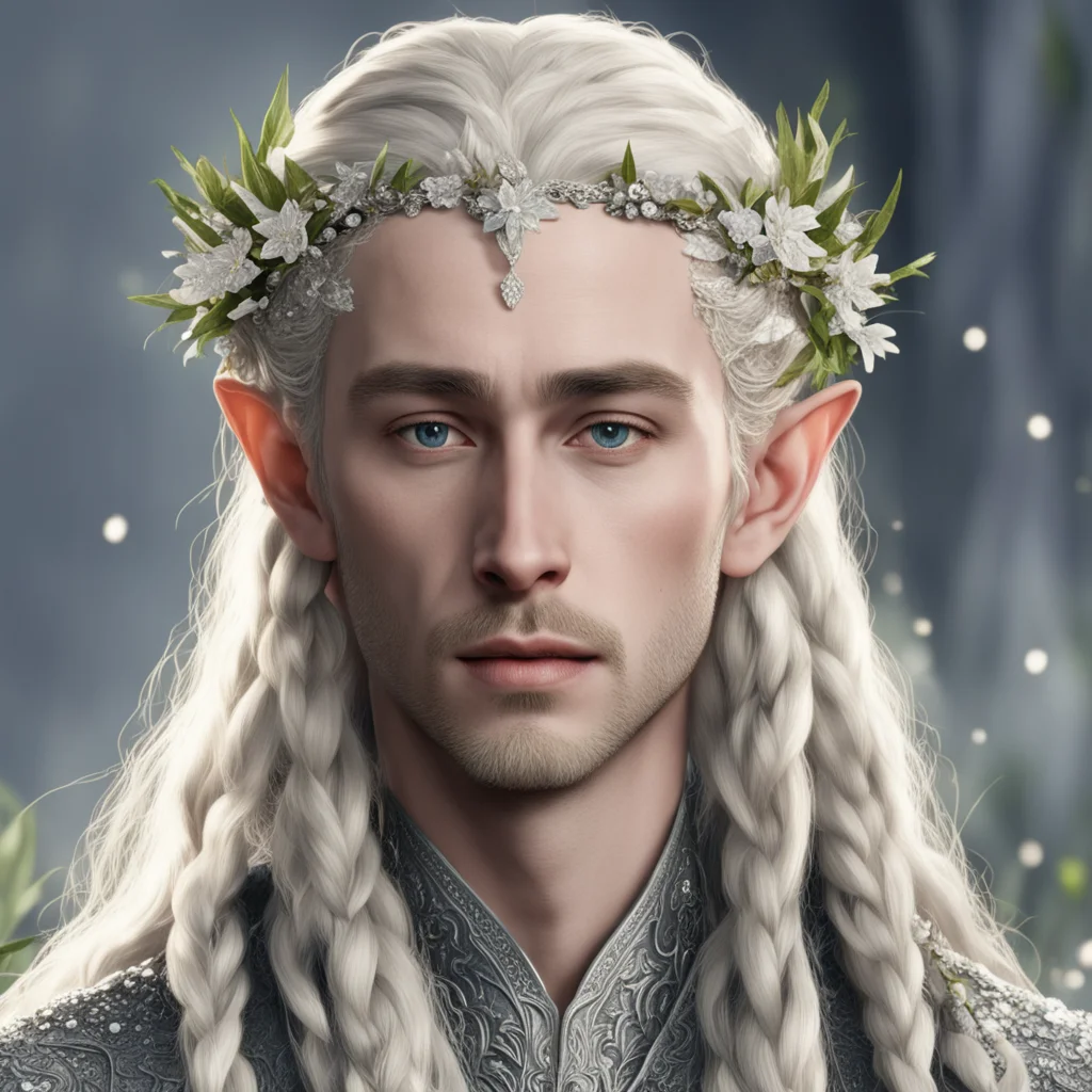 tolkien king thranduil with blond hair and braids wearing small silver flowers in hair encrusted with many diamonds confident engaging wow artstation art 3