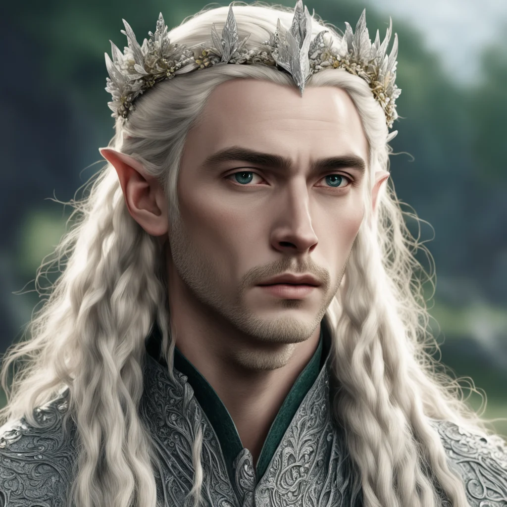 tolkien king thranduil with blond hair and braids wearing small silver flowers in hair encrusted with many diamonds good looking trending fantastic 1