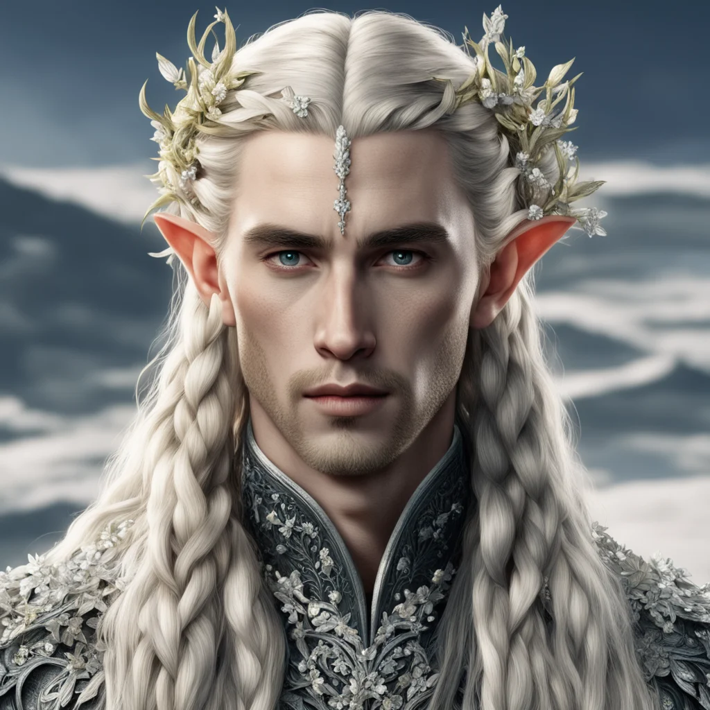 tolkien king thranduil with blond hair and braids wearing small silver flowers in hair encrusted with many diamonds