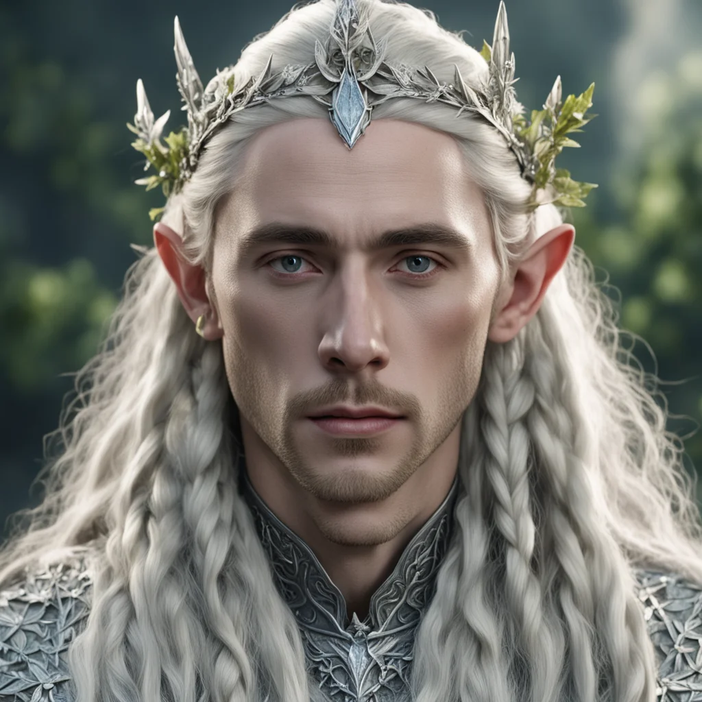 aitolkien king thranduil with blond hair and braids wearing small silver ivy leaves encrusted with diamonds to form a small silver elvish coronet with large center diamond