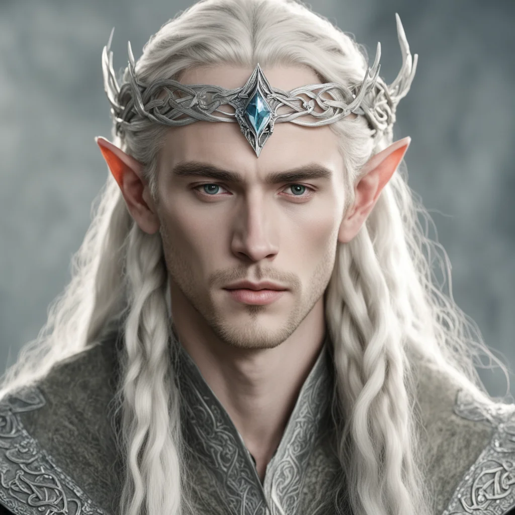 tolkien king thranduil with blond hair and braids wearing small silver serpentine nandorin elvish circlet with large center diamond confident engaging wow artstation art 3