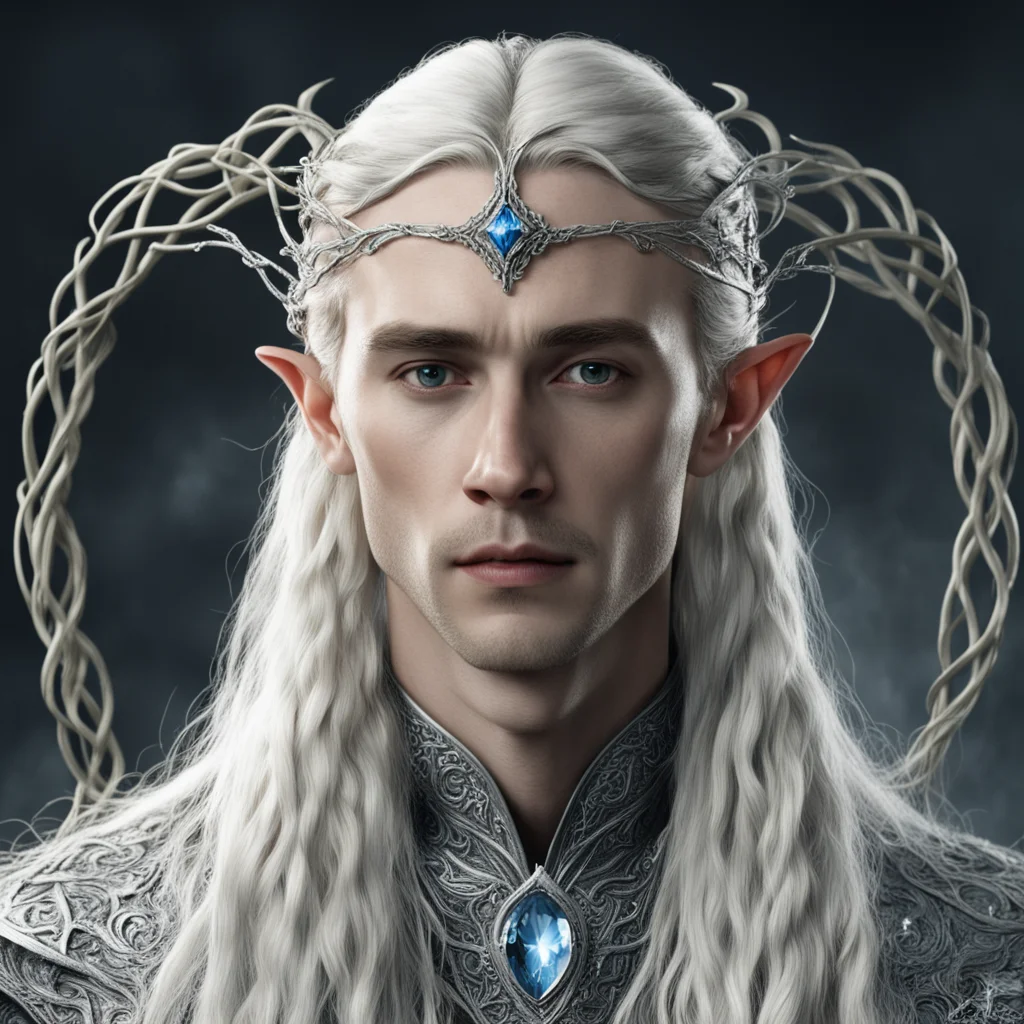 tolkien king thranduil with blond hair and braids wearing small silver vines intertwined and encrusted with diamonds to form a silver elvish circlet with large circular diamond