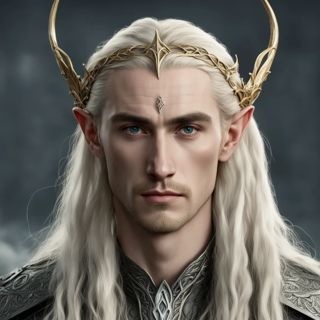 aitolkien king thranduil with blond hair and braids wearing small thin nandorin elvish circlet with large center circular diamond  confident engaging wow artstation art 3