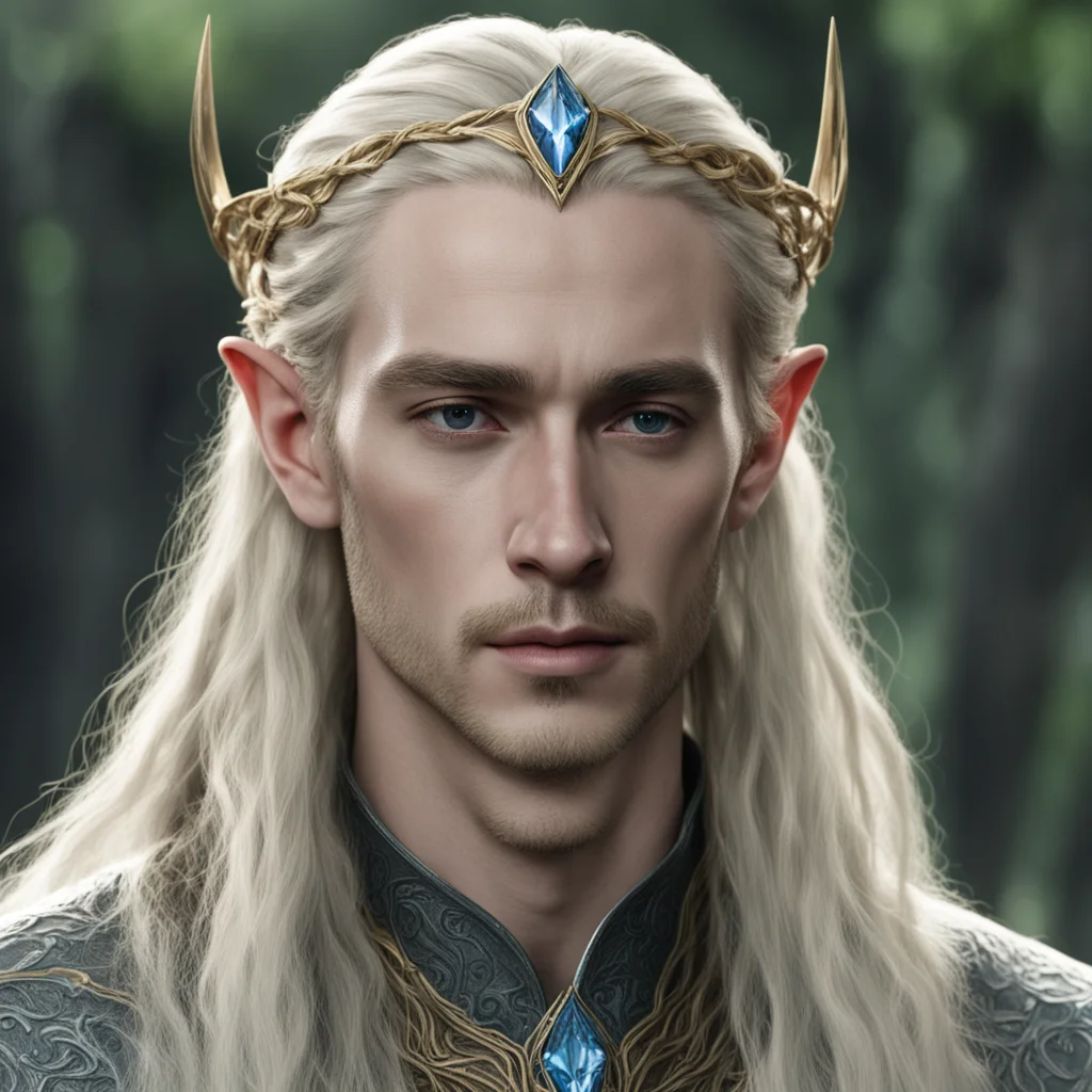 tolkien king thranduil with blond hair and braids wearing small thin nandorin elvish circlet with large center circular diamond  good looking trending fantastic 1