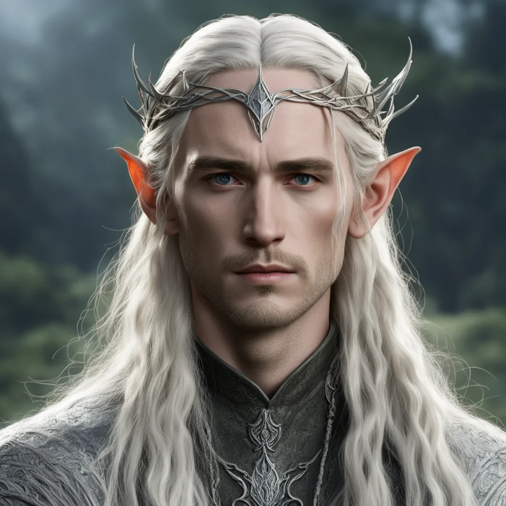 tolkien king thranduil with blond hair and braids wearing small thin silver elvish circlet with large center circular diamond  good looking trending fantastic 1
