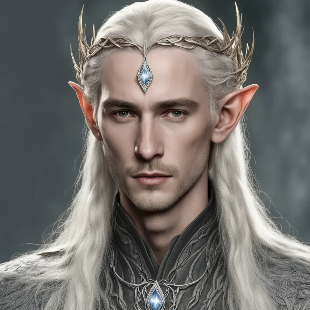 tolkien king thranduil with blond hair and braids wearing small thin silver elvish circlet with large center circular diamond 