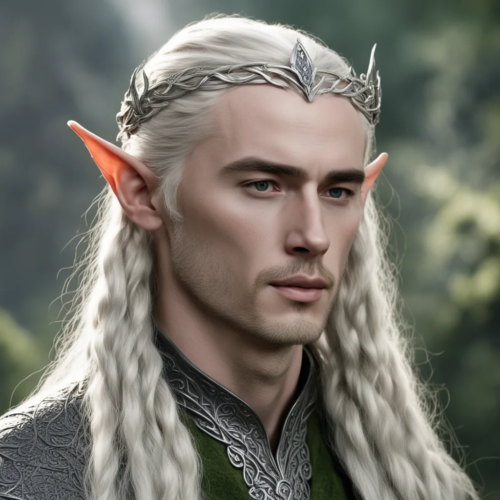 tolkien king thranduil with blond hair and braids wearing small thin silver nandorin elvish circlet with large center circular diamond  good looking trending fantastic 1
