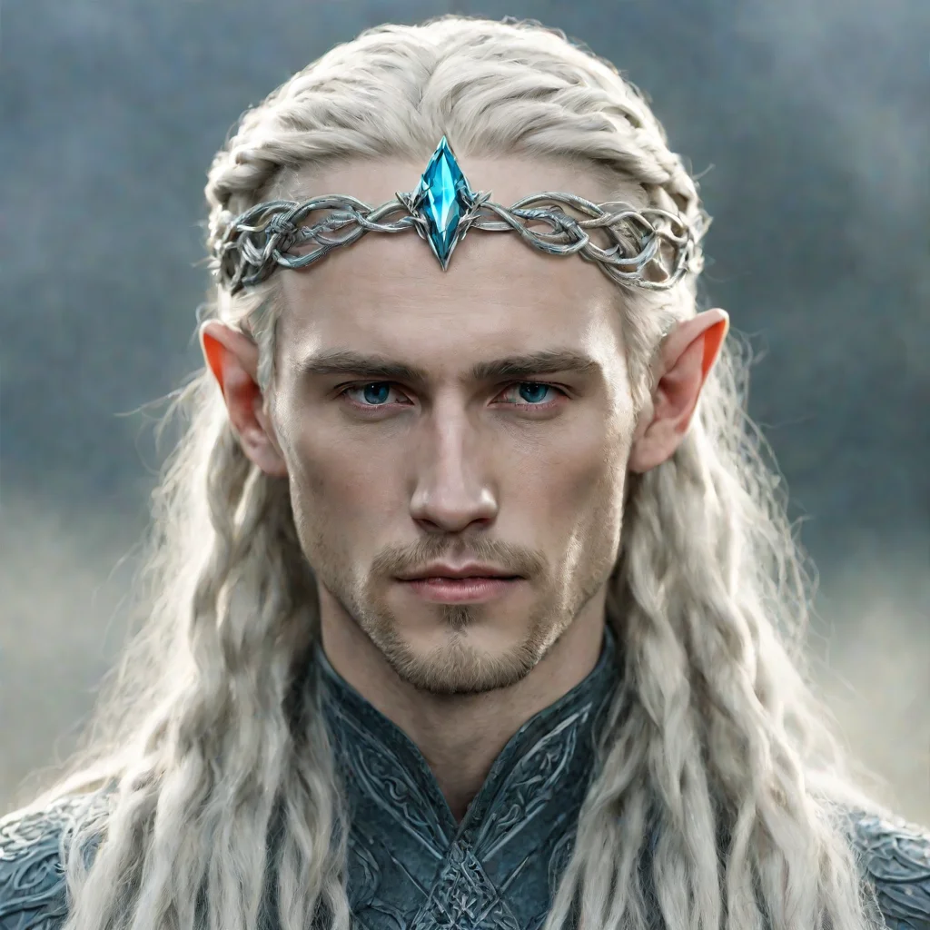 tolkien king thranduil with blond hair and braids wearing small thin silver serpentine nandorin elvish circlet with center bluish diamond amazing awesome portrait 2