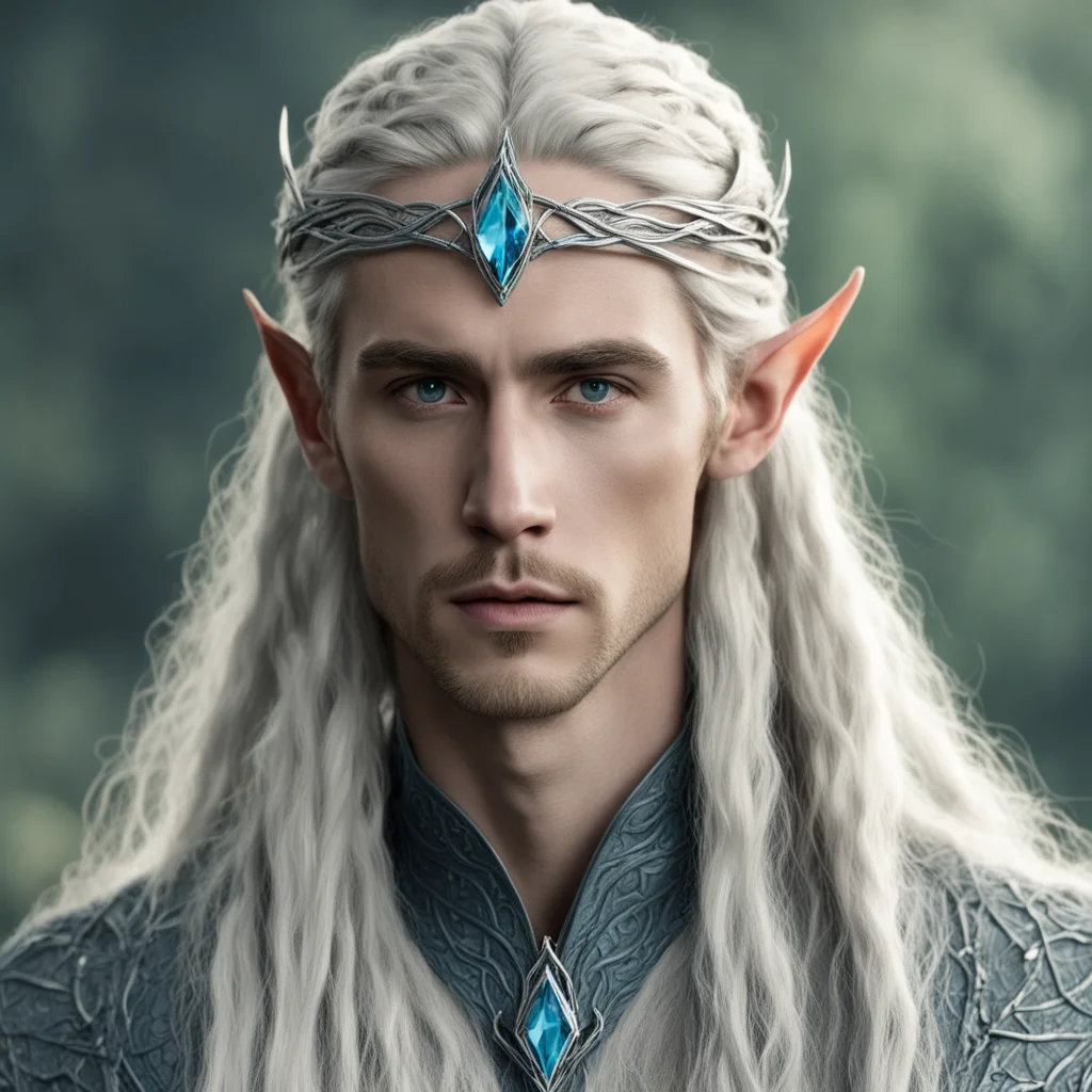 tolkien king thranduil with blond hair and braids wearing small thin silver serpentine nandorin elvish circlet with center bluish diamond confident engaging wow artstation art 3