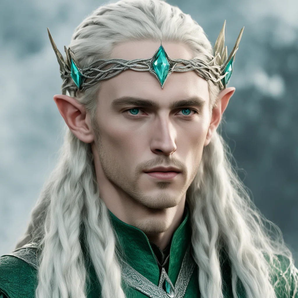 tolkien king thranduil with blond hair and braids wearing small thin silver serpentine nandorin elvish circlet with center bluish green diamond confident engaging wow artstation art 3