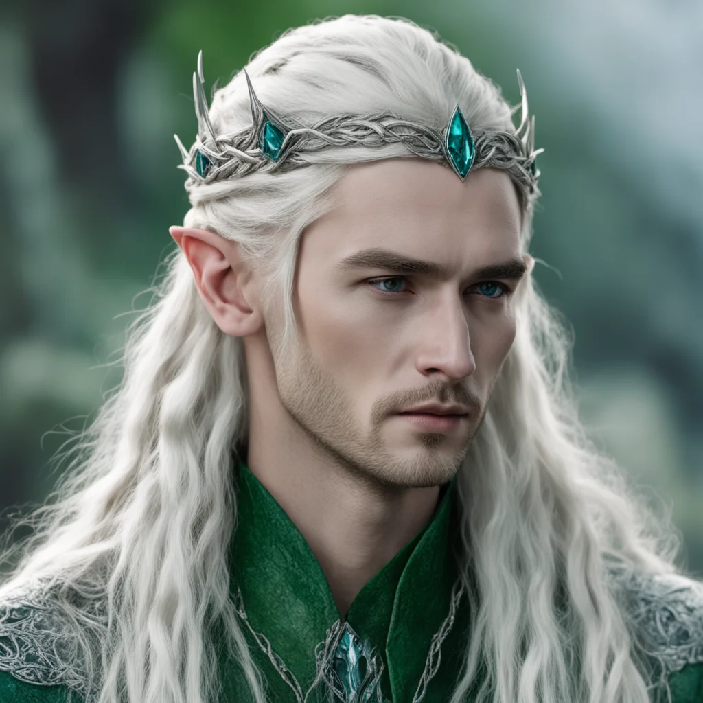 tolkien king thranduil with blond hair and braids wearing small thin silver serpentine nandorin elvish circlet with center bluish green diamond good looking trending fantastic 1