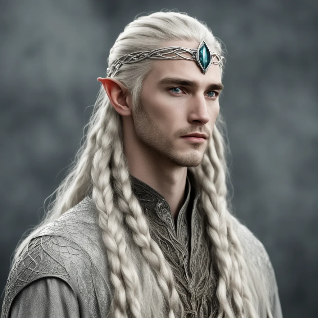 tolkien king thranduil with blond hair and braids wearing small thin silver serpentine nandorin elvish circlet with center reddish diamond amazing awesome portrait 2
