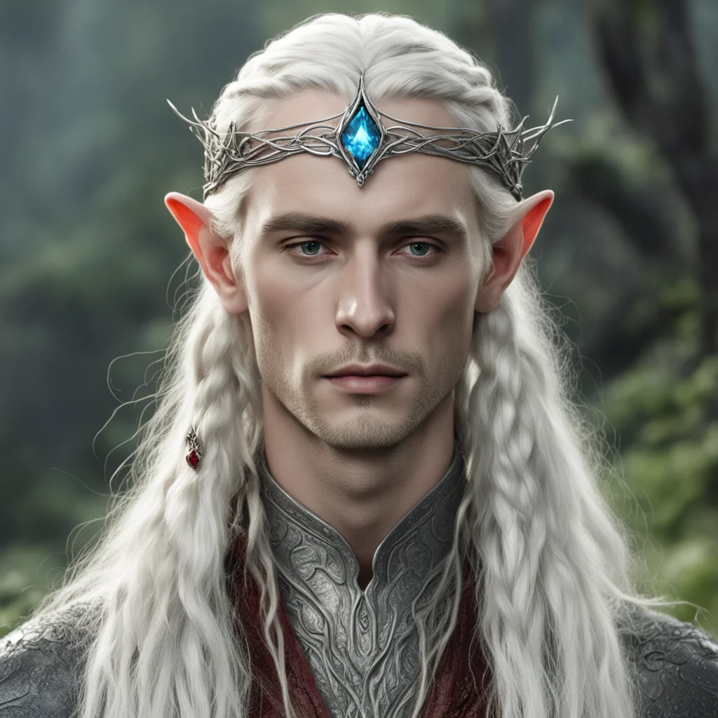 tolkien king thranduil with blond hair and braids wearing small thin silver serpentine nandorin elvish circlet with center reddish diamond confident engaging wow artstation art 3