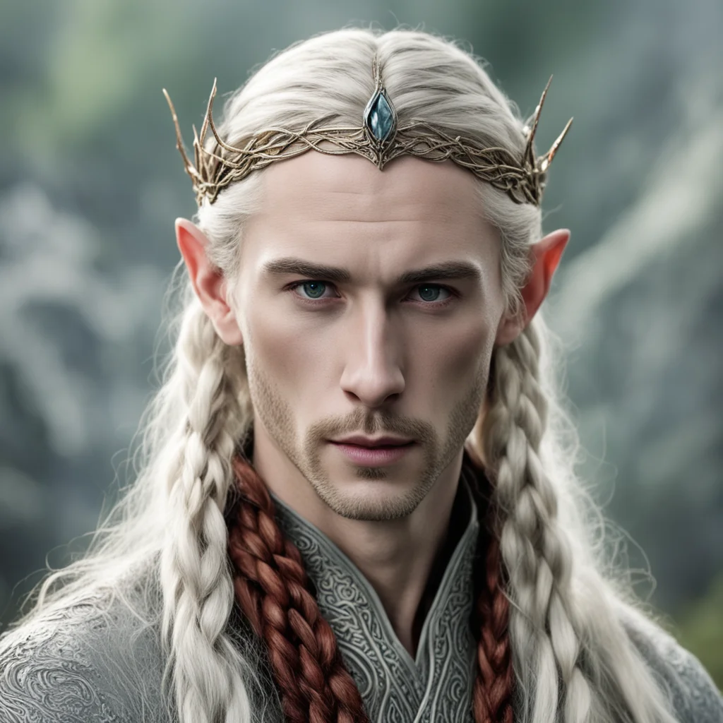 tolkien king thranduil with blond hair and braids wearing small thin silver serpentine nandorin elvish circlet with center reddish diamond good looking trending fantastic 1