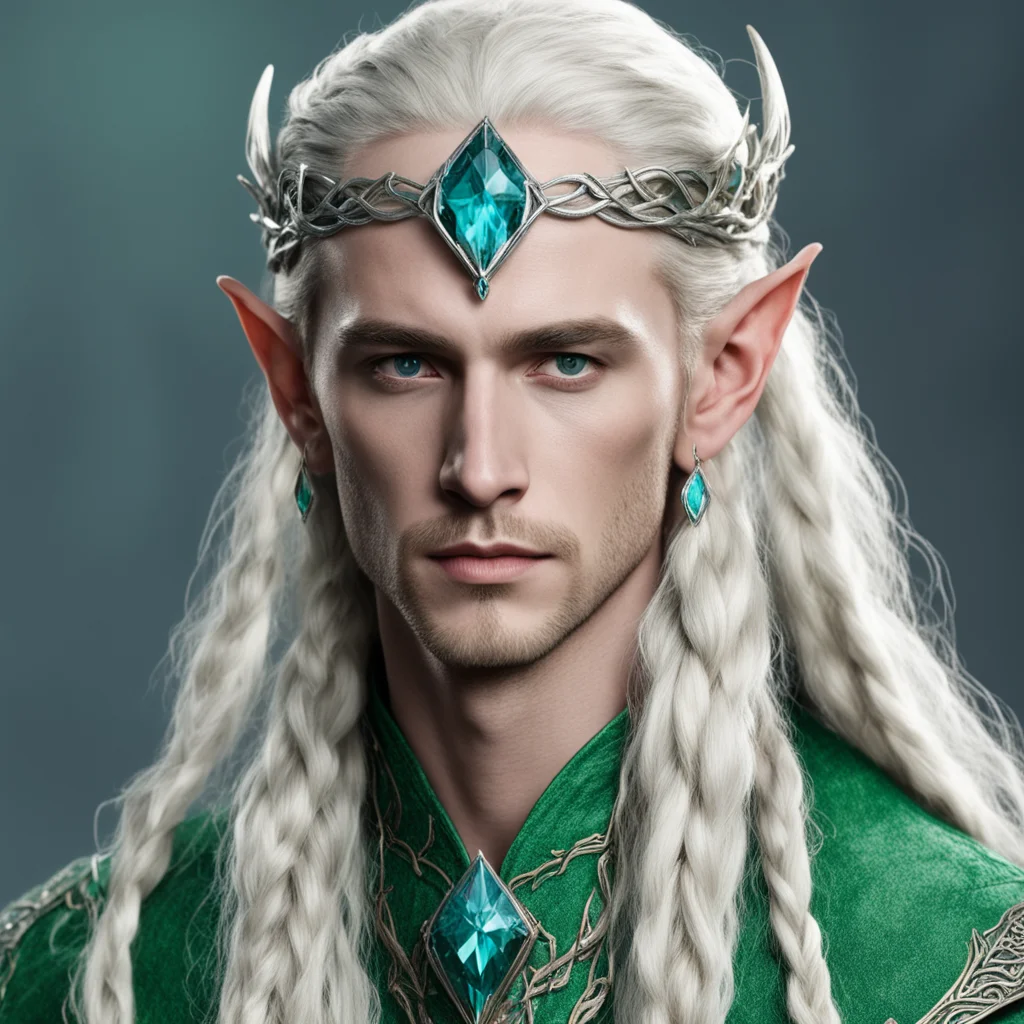 tolkien king thranduil with blond hair and braids wearing small thin silver serpentine nandorin elvish circlet with large center bluish green diamond amazing awesome portrait 2