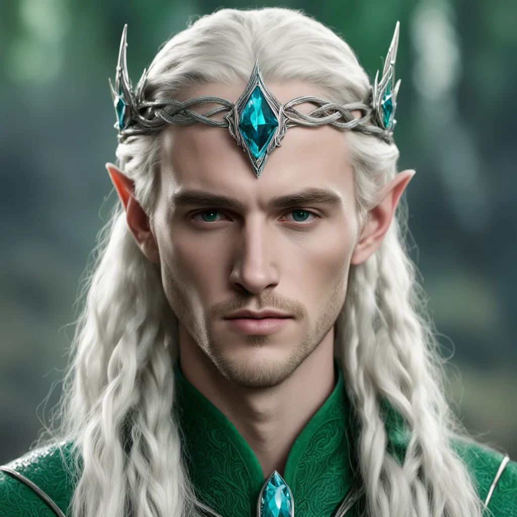 tolkien king thranduil with blond hair and braids wearing small thin silver serpentine nandorin elvish circlet with large center bluish green diamond good looking trending fantastic 1