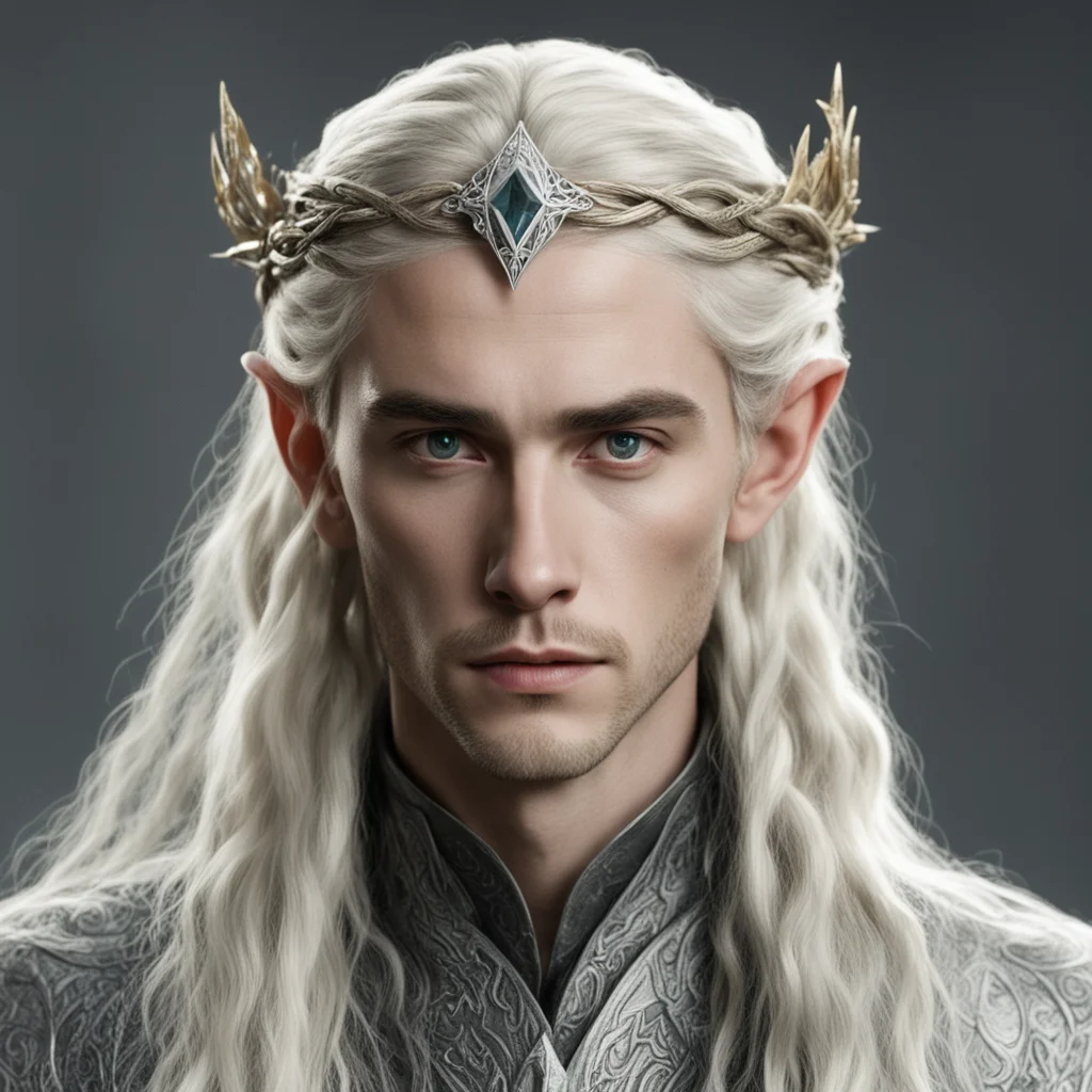 tolkien king thranduil with blond hair and braids wearing small thin silver serpentine nandorin elvish circlet with large center diamond  confident engaging wow artstation art 3