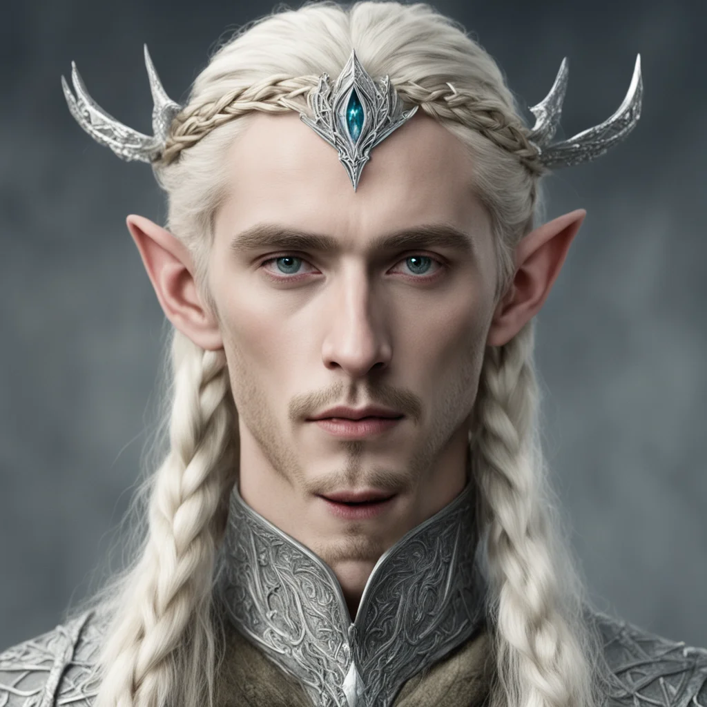aitolkien king thranduil with blond hair and braids wearing small thin silver serpentine nandorin elvish circlet with large center diamond confident engaging wow artstation art 3