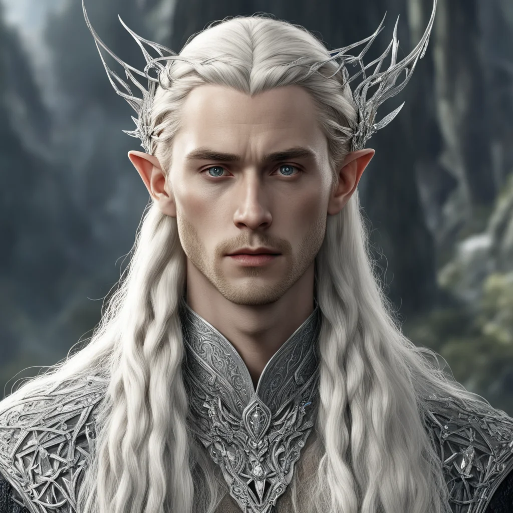 tolkien king thranduil with blond hair and braids wearing strings of silver with large diamonds interconnected to form silver elvish circlet with prominent center diamond