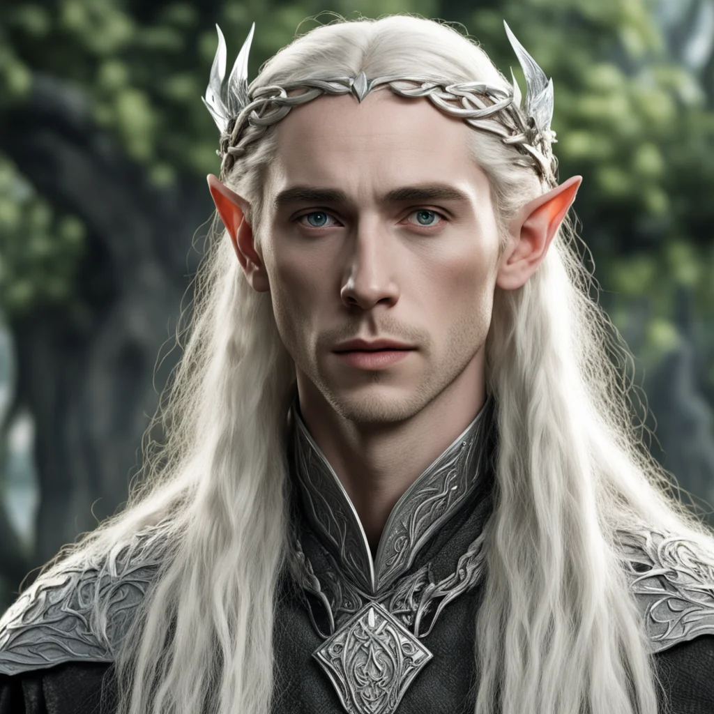 tolkien king thranduil with blond hair and braids wearing the hobbit silver elvish circlet with large center diamond