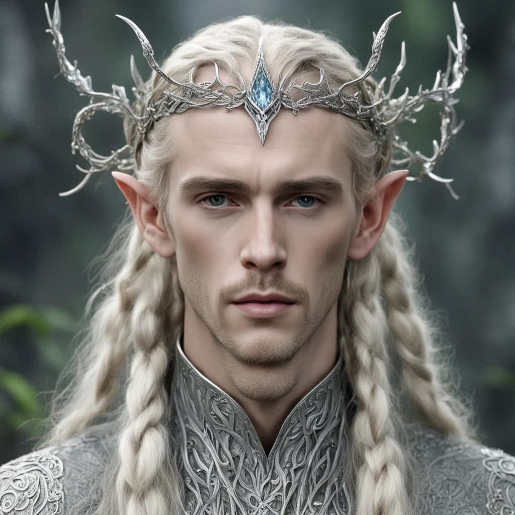 tolkien king thranduil with blond hair and braids with small silver leafy vines encrusted with diamonds to form a silver serpentine elvish circlet with large center diamond
