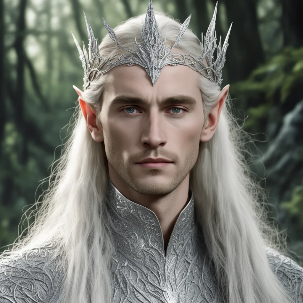 tolkien king thranduil with blond hair and no braids wearing silver vine and silver leaf encrusted with diamonds to form silver elvish circlet with large center diamond
