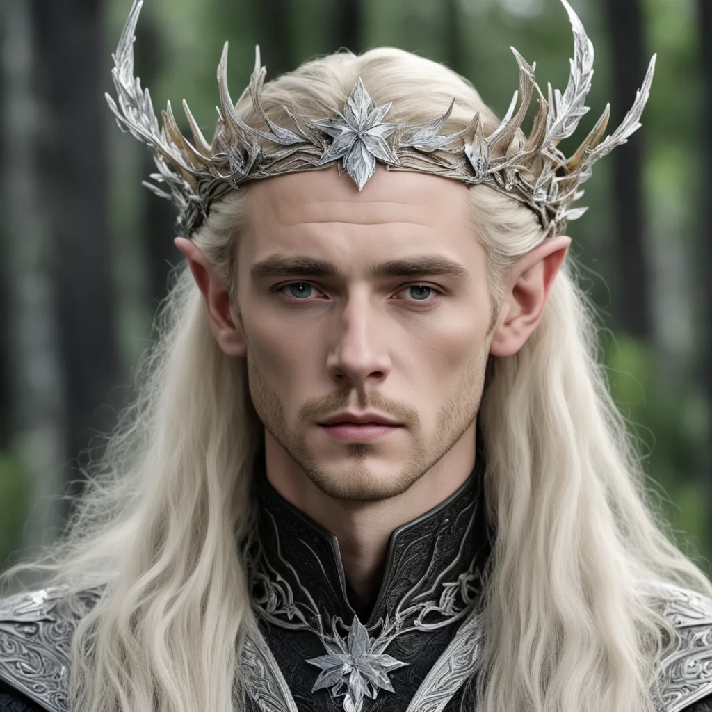 tolkien king thranduil with blond hair wearing silver oak leaf elven circlet with diamonds with large center diamond  confident engaging wow artstation art 3