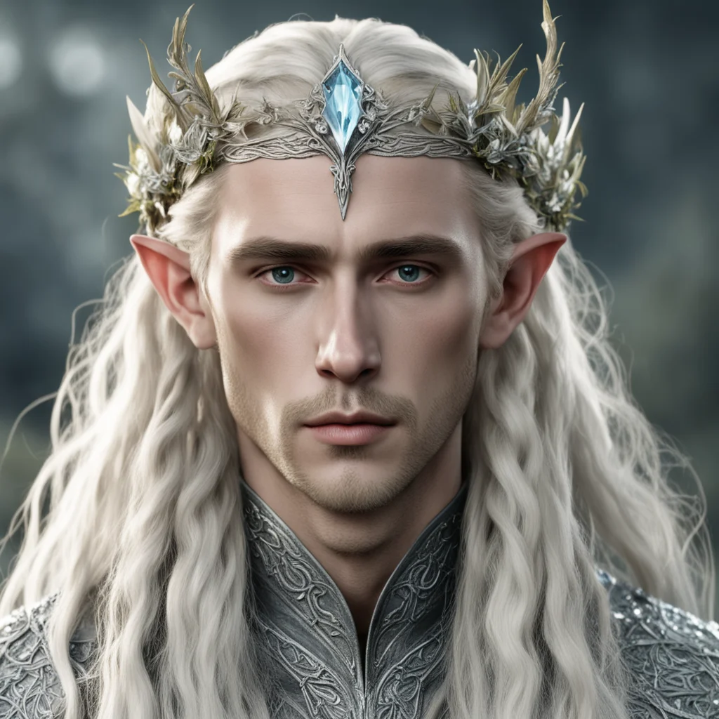 aitolkien king thranduil with blond hair with braids wearing silver flower elvish circlet encrusted with diamonds amazing awesome portrait 2
