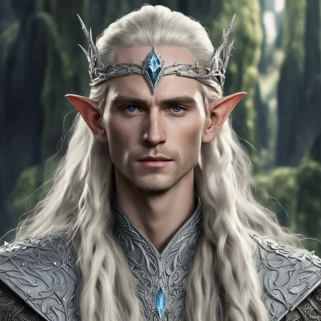 tolkien king thranduil with blond hair with braids wearing silver wood elf circlet encrusted with diamonds with large diamond in the center good looking trending fantastic 1