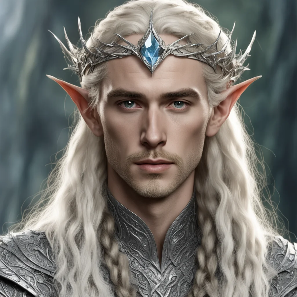 tolkien king thranduil with blond hair with braids wearing silver wood elf circlet encrusted with diamonds with large diamond in the center