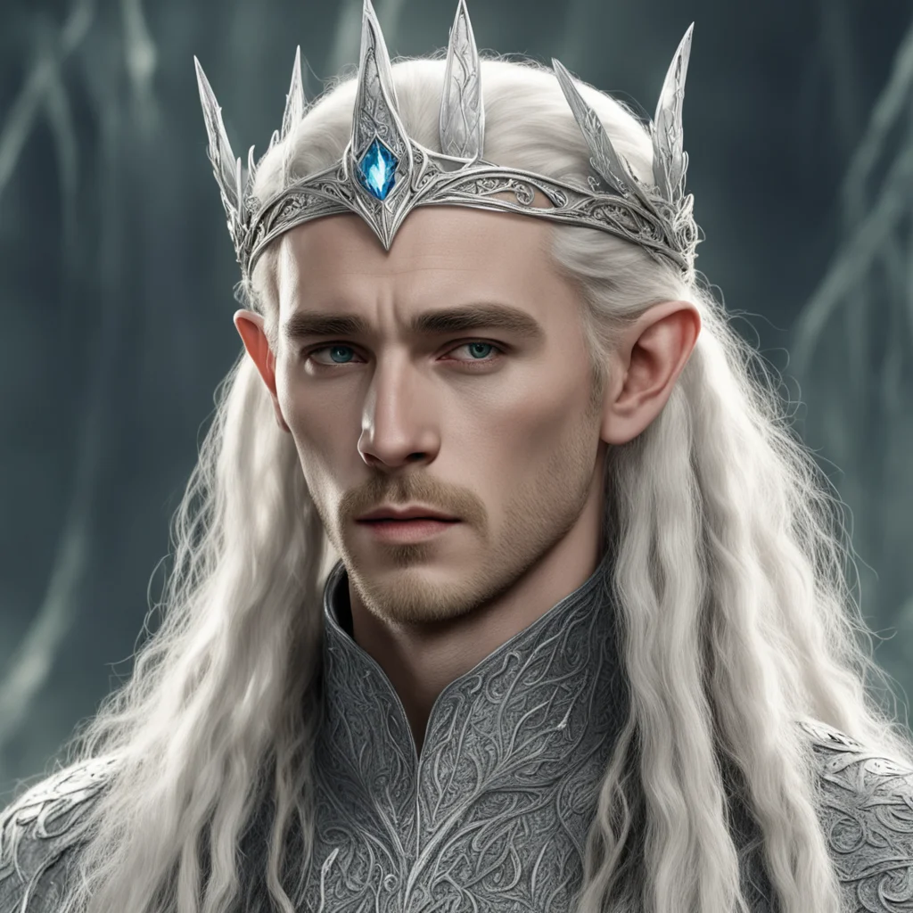 tolkien king thranduil with blonde hair and braids wearing silver elvish circlet encrusted with diamonds with large center circular diamond good looking trending fantastic 1