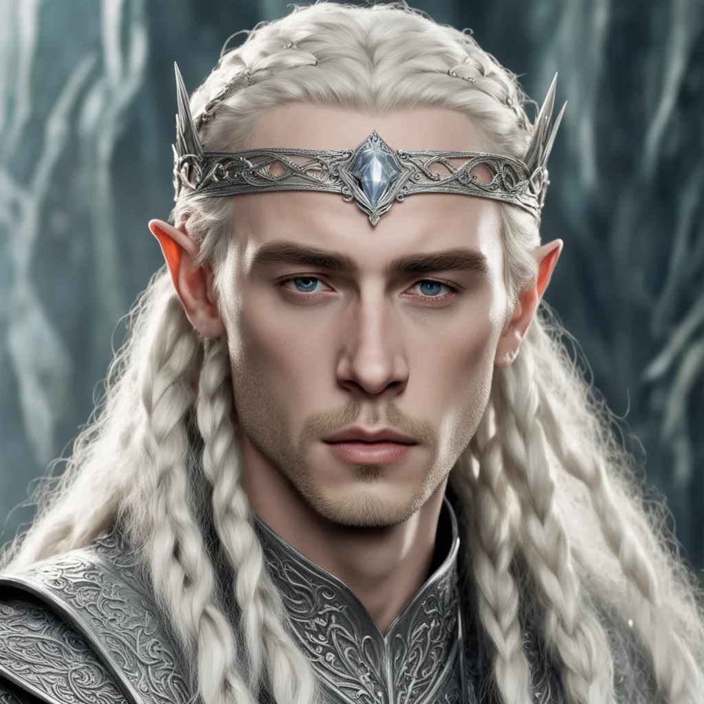 tolkien king thranduil with blonde hair and braids wearing silver elvish circlet encrusted with diamonds with large center circular diamond