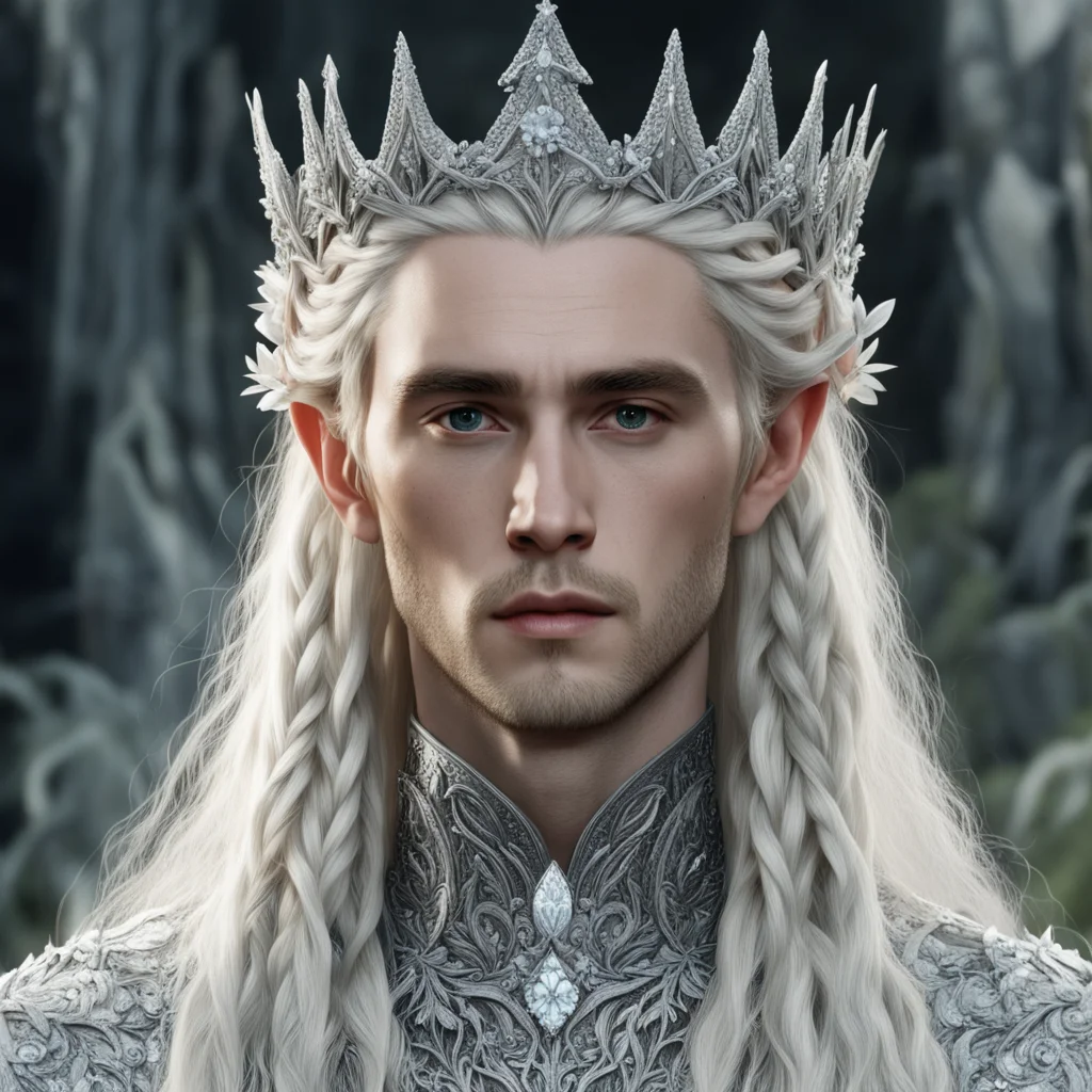 tolkien king thranduil with blonde hair and braids wearing silver flowers encrusted with diamonds forming a silver elvish crown with large center diamond  amazing awesome portrait 2