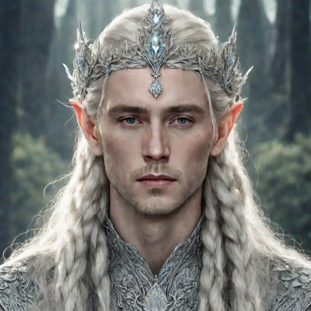 tolkien king thranduil with blonde hair and braids wearing silver flowers encrusted with diamonds forming a silver elvish crown with large center diamond  good looking trending fantastic 1