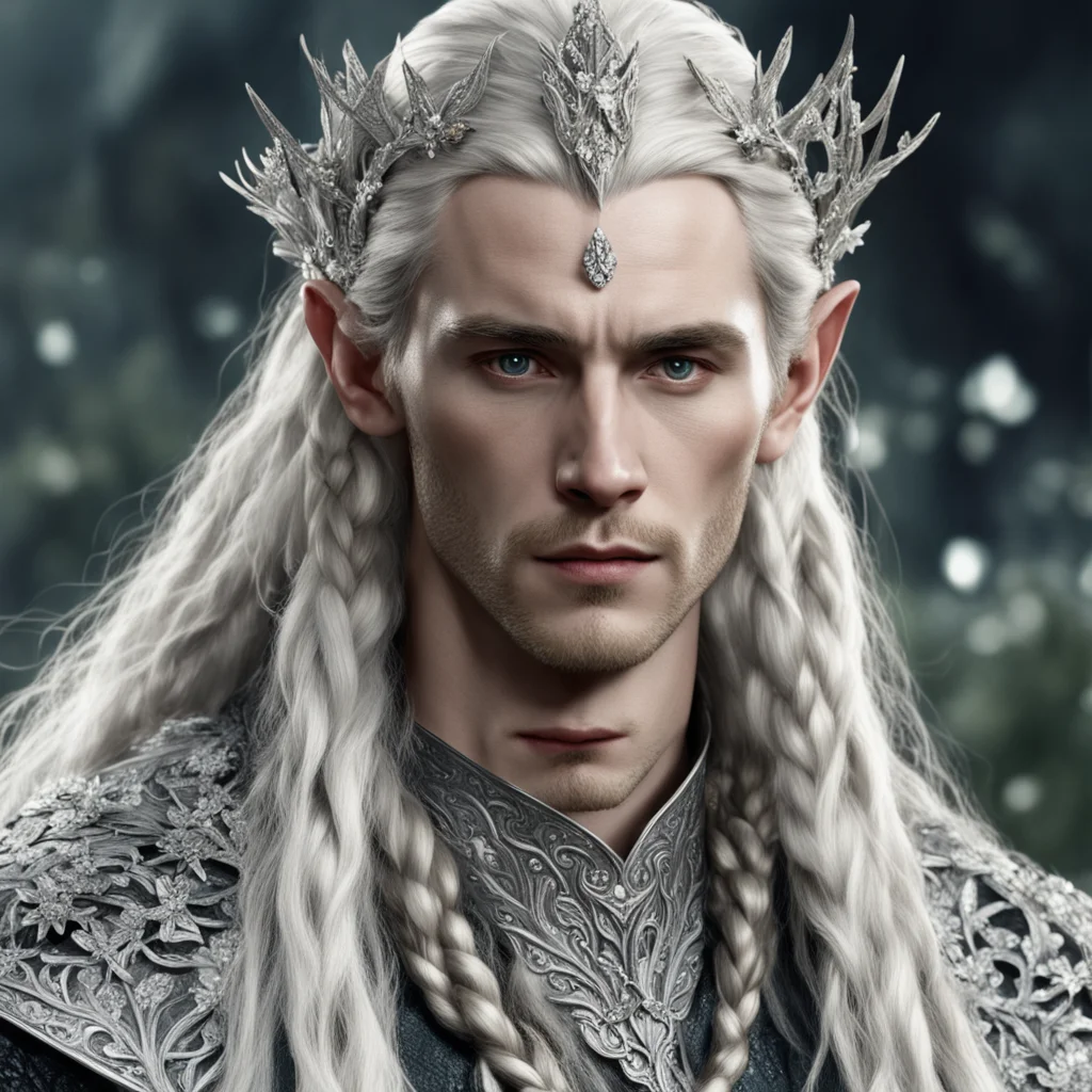 aitolkien king thranduil with blonde hair and braids wearing silver flowers encrusted with diamonds forming a silver serpentine elvish circlet encrusted with diamonds with large center diamond 