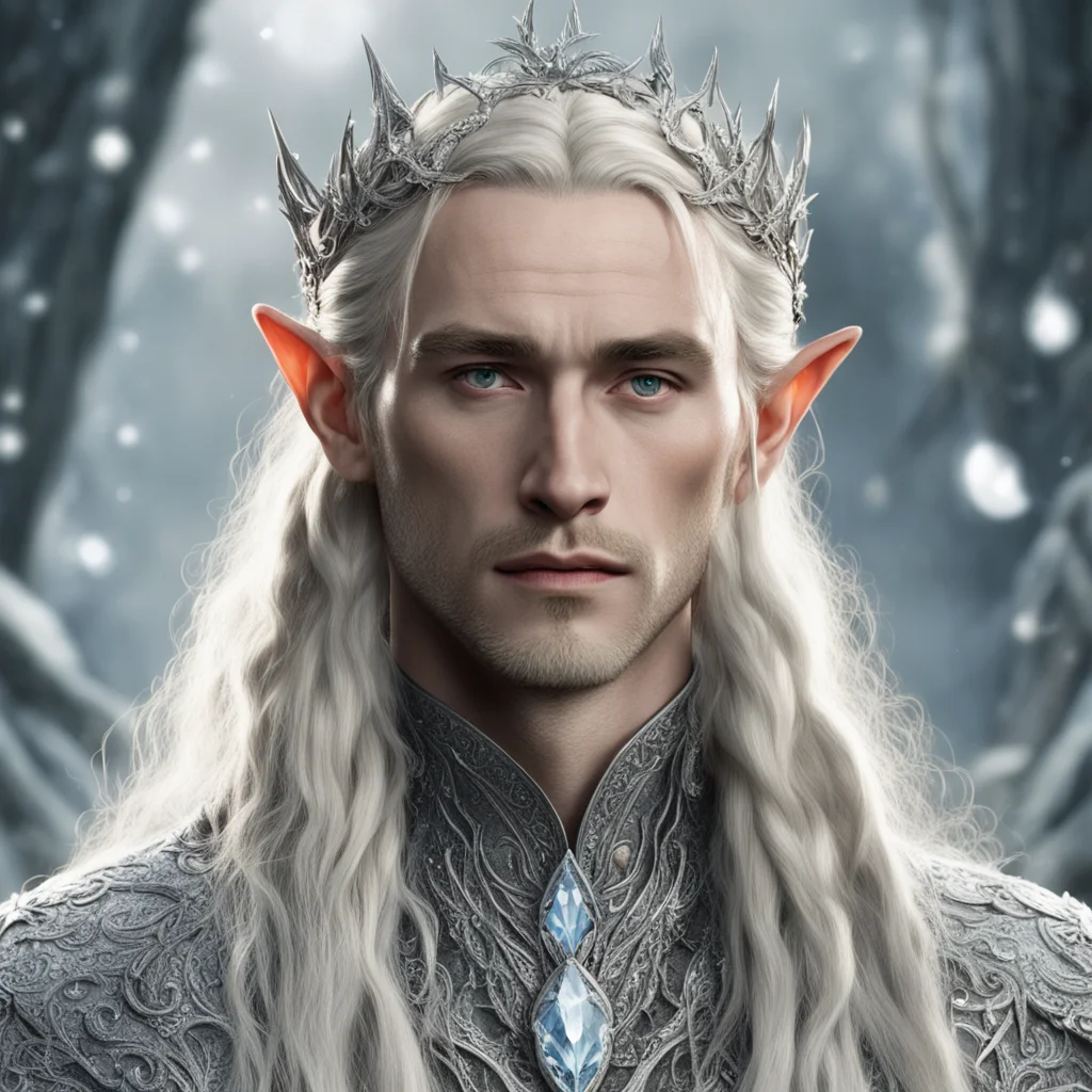 tolkien king thranduil with blonde hair and braids wearing silver holly encrusted with diamonds and large diamond clusters forming a silver elvish circlet with large center diamond 