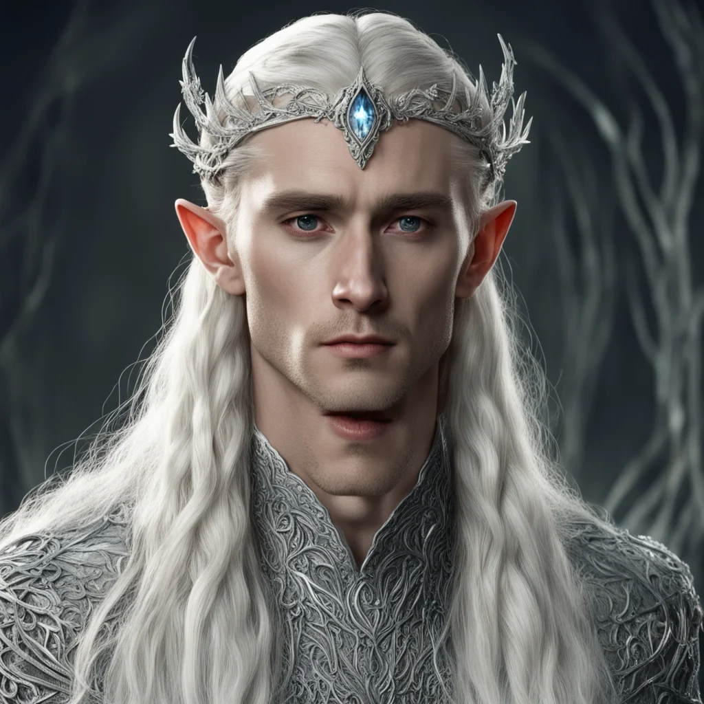 tolkien king thranduil with blonde hair and braids wearing silver ivy encrusted with diamonds to form a silver elvish circlet with large center circular diamond  amazing awesome portrait 2
