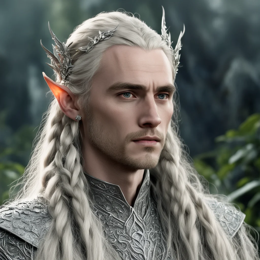 tolkien king thranduil with blonde hair and braids wearing silver laurel leaf elvish circlet heavily encrusted with diamonds with large center circular diamond amazing awesome portrait 2