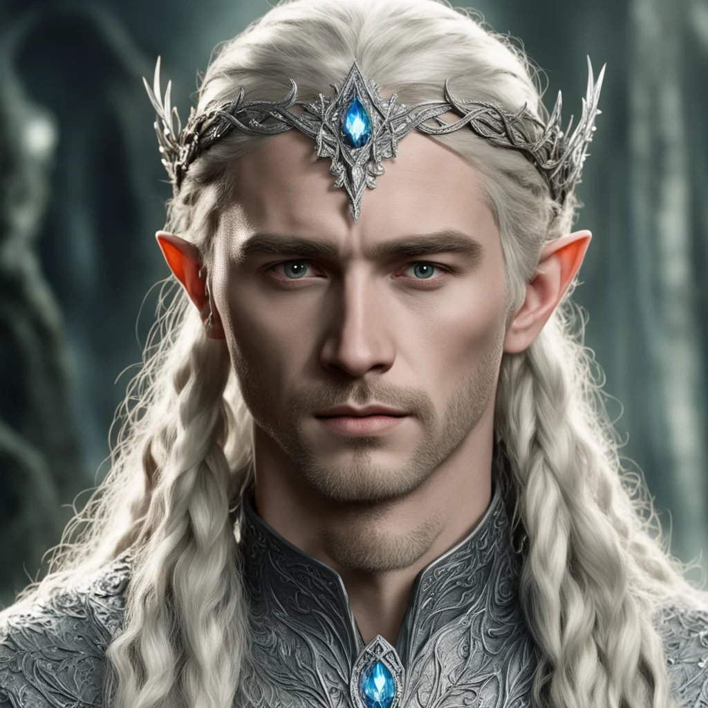 tolkien king thranduil with blonde hair and braids wearing silver laurel leaf elvish circlet heavily encrusted with diamonds with large center circular diamond good looking trending fantastic 1