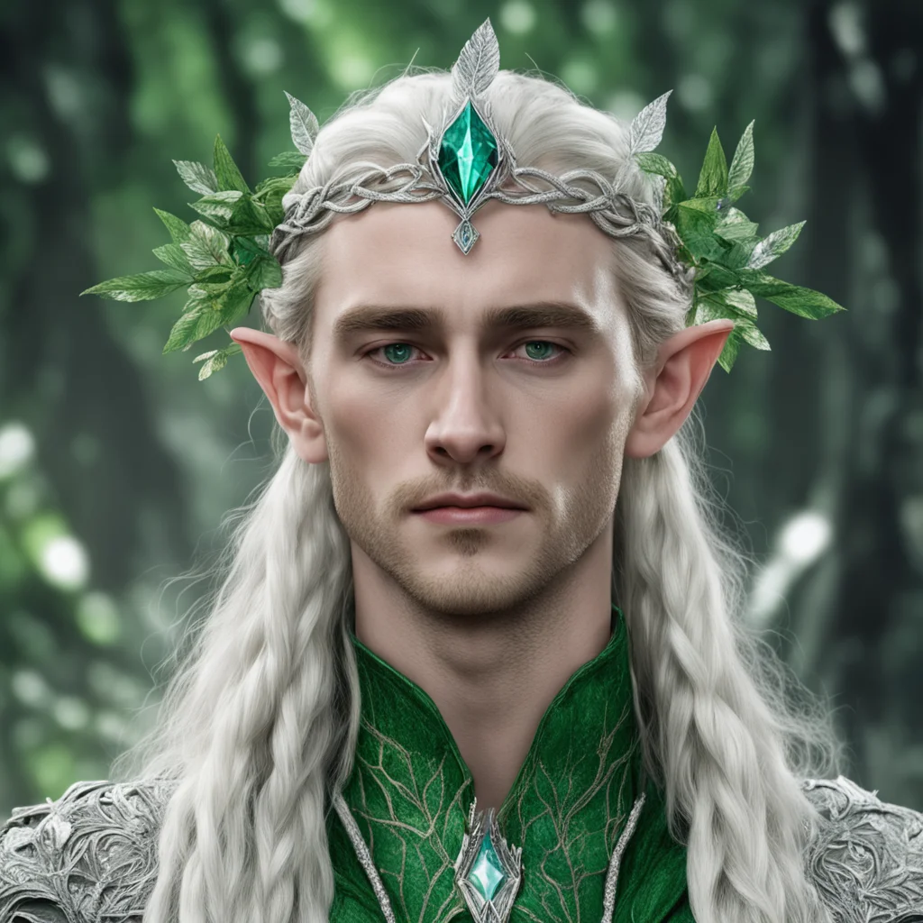 tolkien king thranduil with blonde hair and braids wearing silver leaves encrusted with diamonds forming a silver elvish circlet with large green center diamond  amazing awesome portrait 2