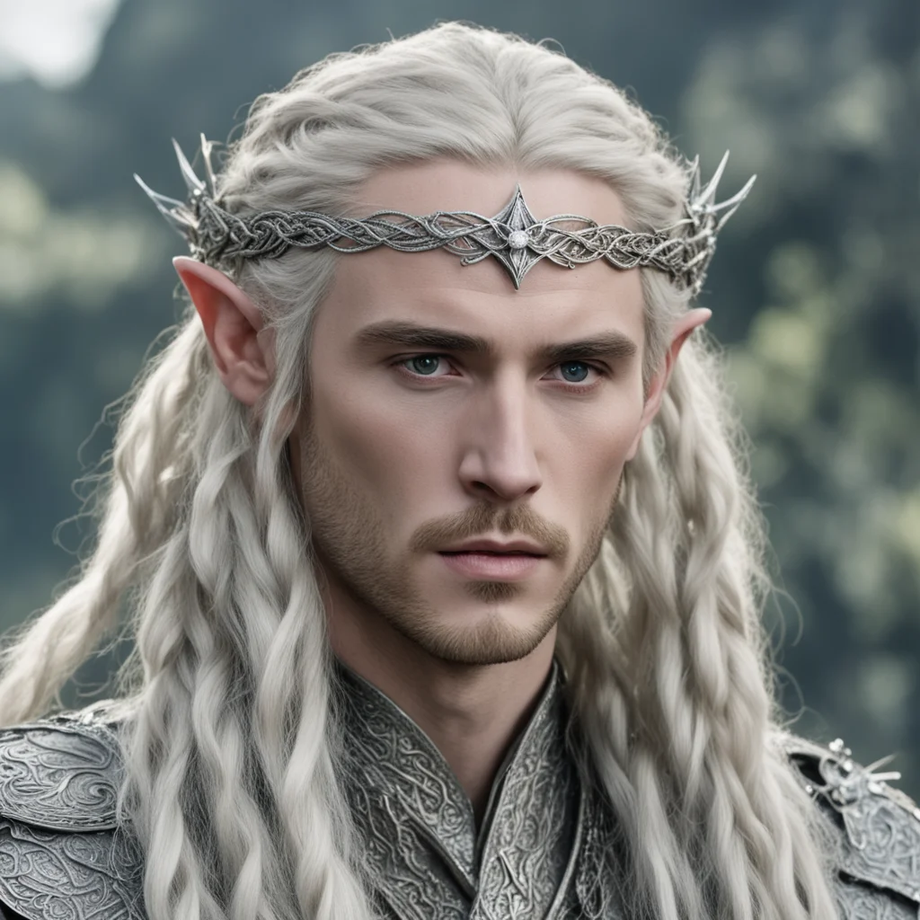 tolkien king thranduil with blonde hair and braids wearing silver serpentine elvish circlet encrusted with diamonds with large center diamond confident engaging wow artstation art 3