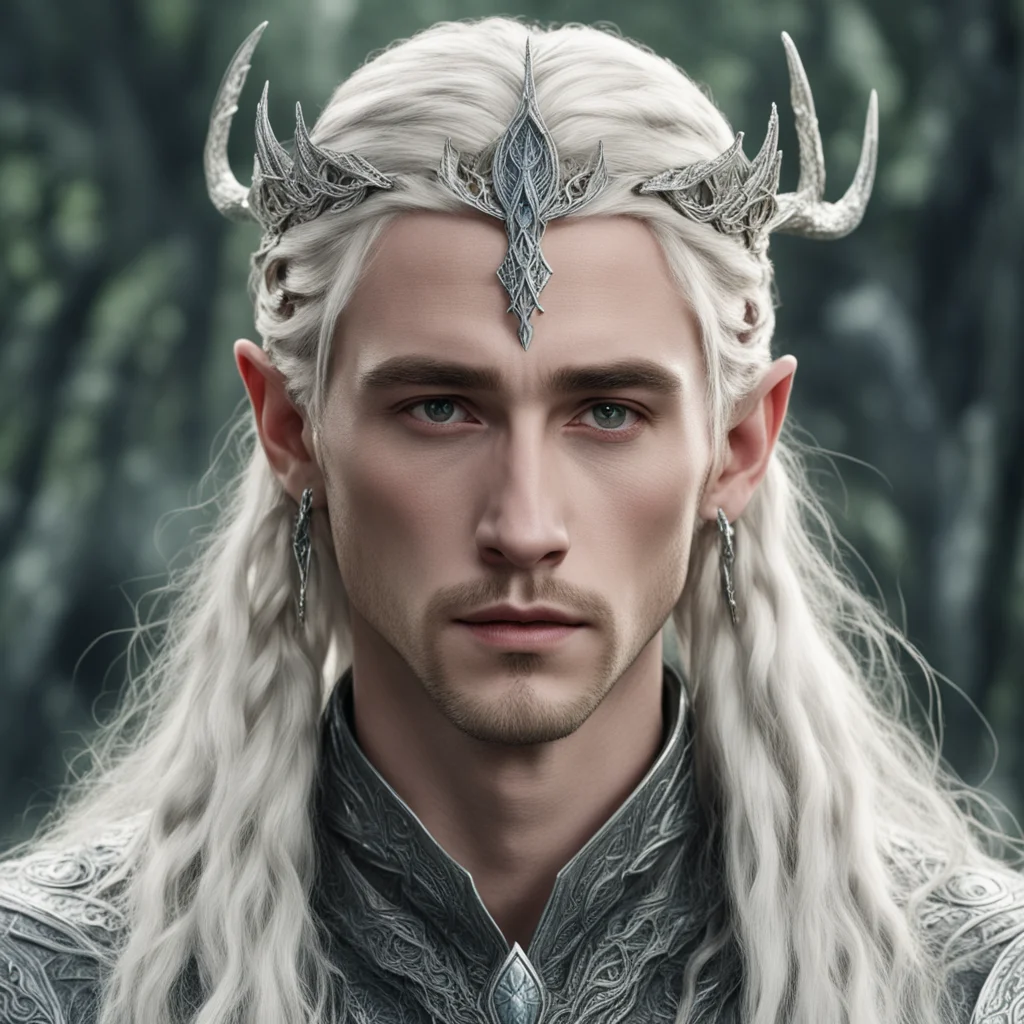 tolkien king thranduil with blonde hair and braids wearing silver serpentine sindarin elvish circlet encrusted with diamonds with large center diamond  amazing awesome portrait 2