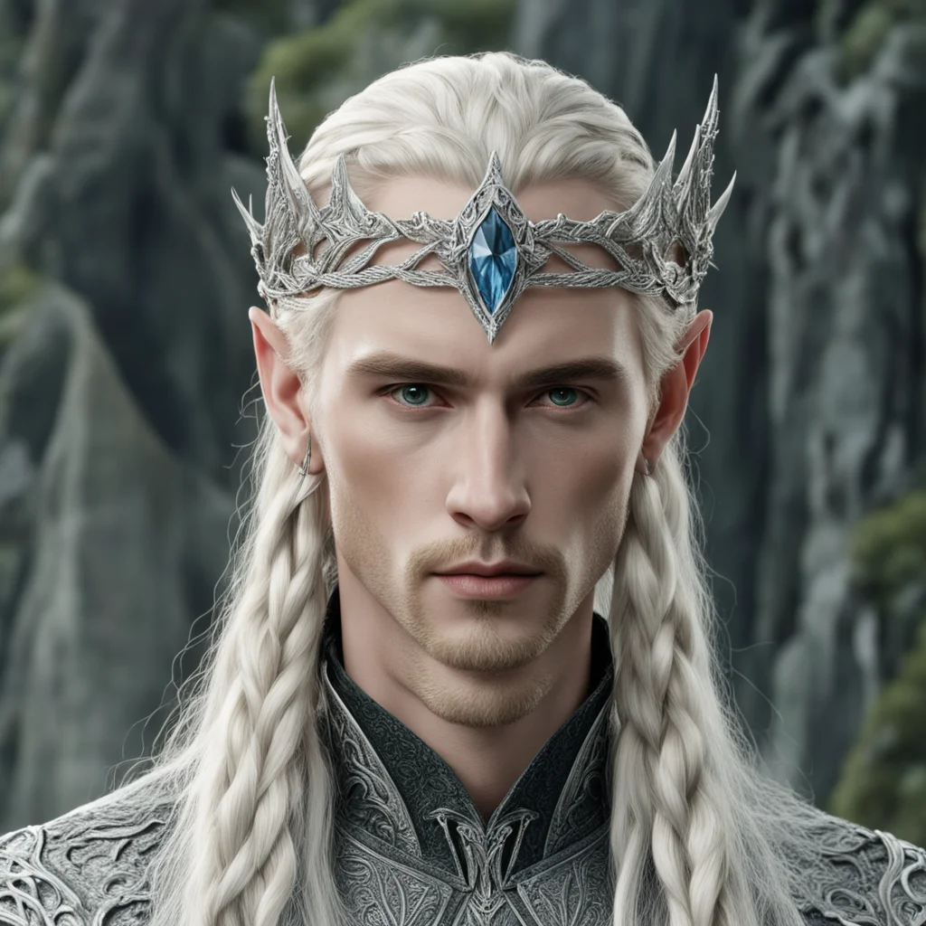 tolkien king thranduil with blonde hair and braids wearing silver serpentine sindarin elvish circlet encrusted with diamonds with large center diamond  confident engaging wow artstation art 3